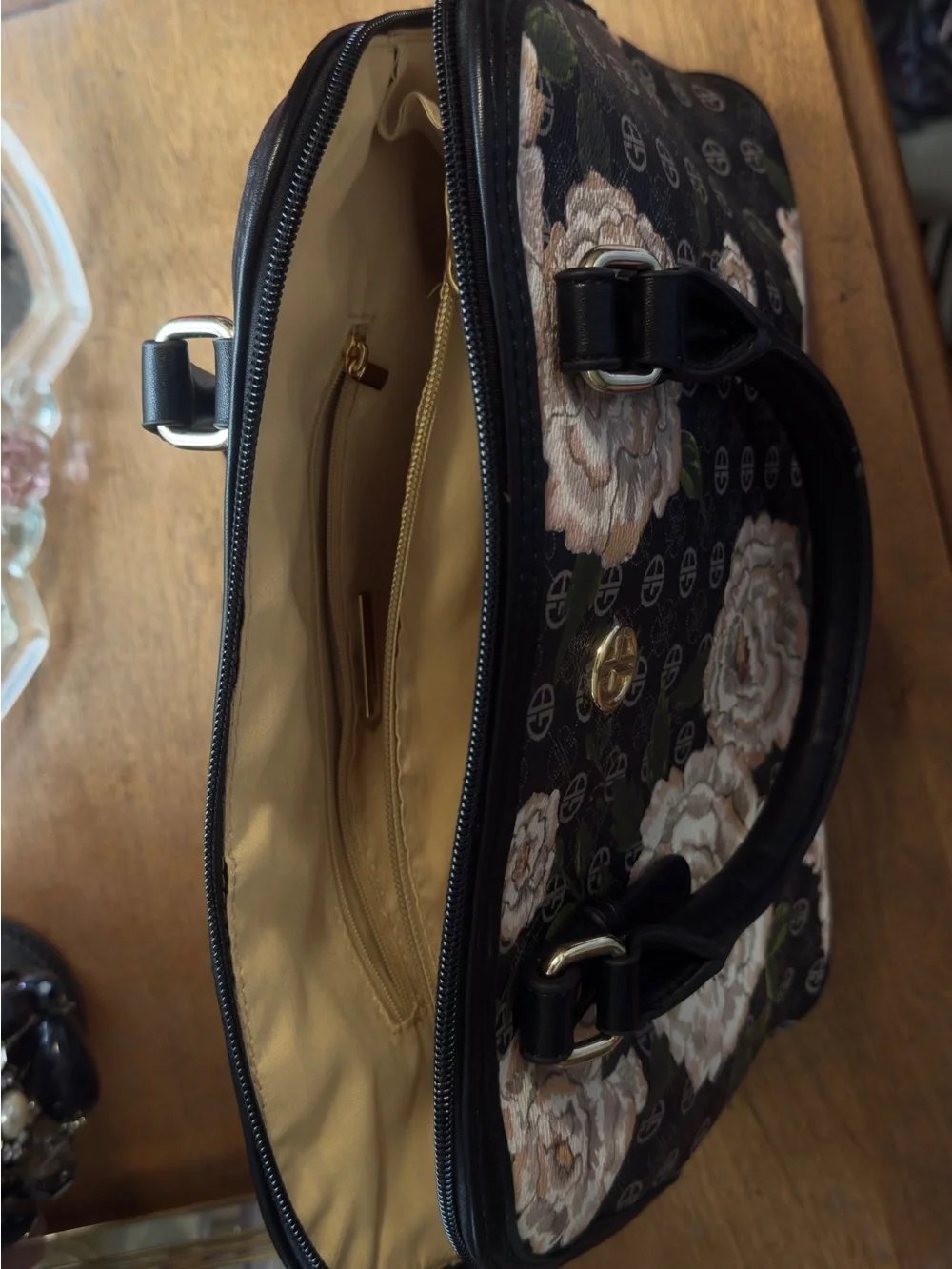 Giani Bernini Black Floral Satchel with Cream Roses